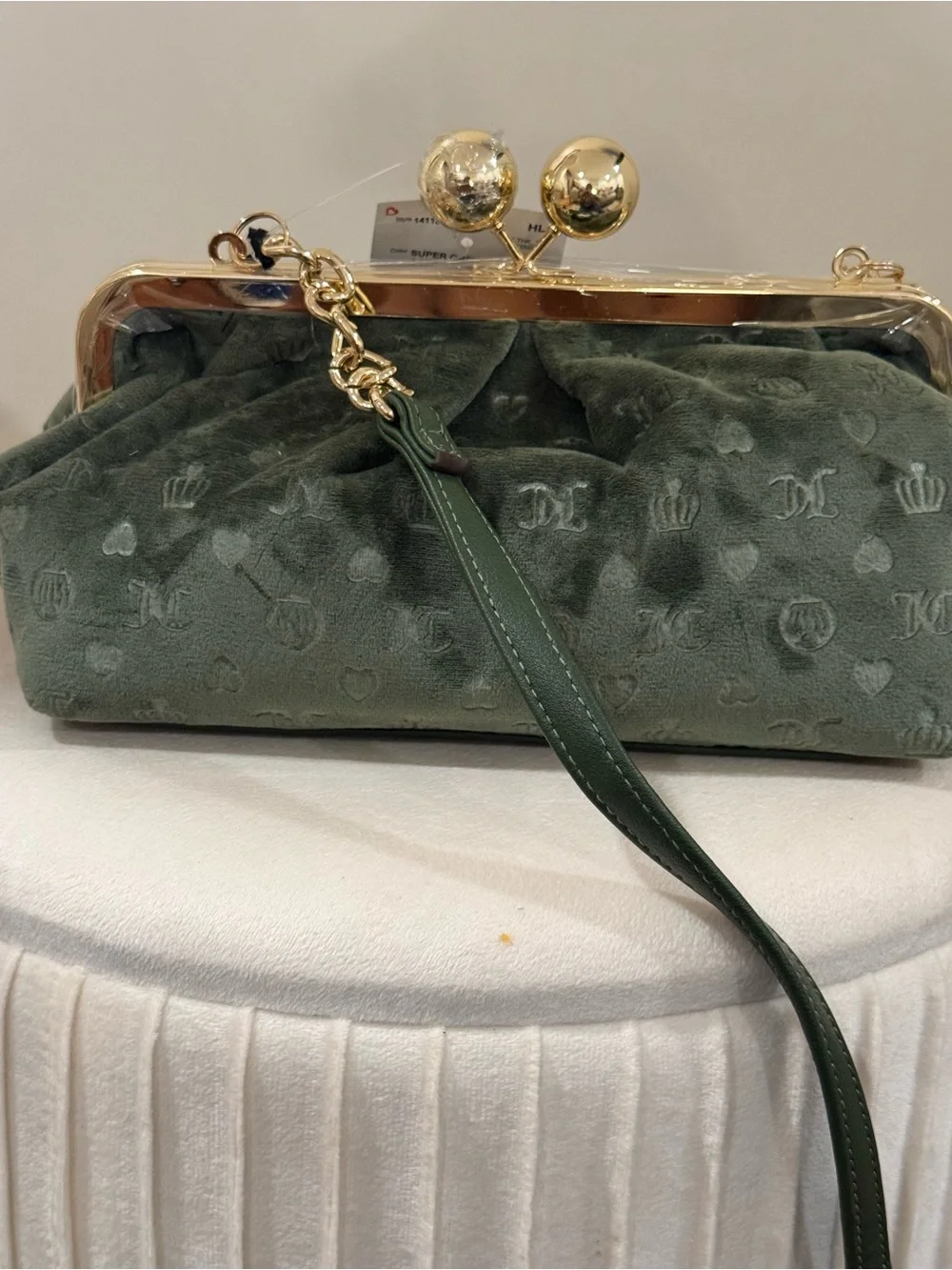 Juicy Couture Dark Green Velvet Kiss-Lock Wristlet with Gold Hardware